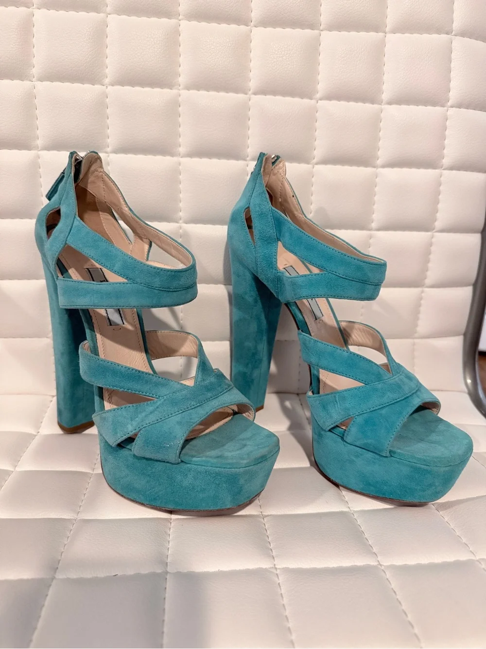 Prada Turquoise Suede Strappy Platform Heels